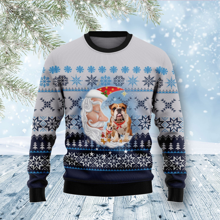 Bulldog Love Santa Moon Ugly Christmas Sweater