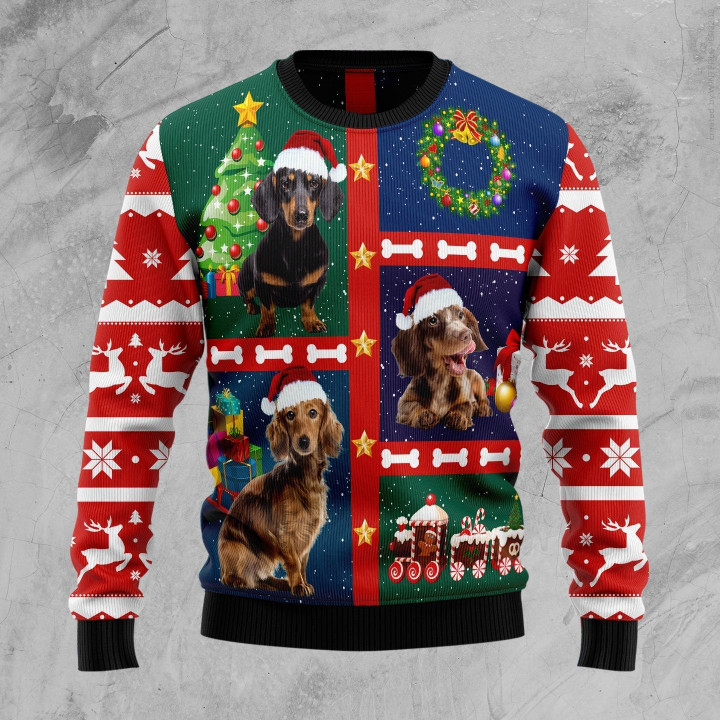 Christmas Tree And Three Cute Dachshund Ugly Sweater