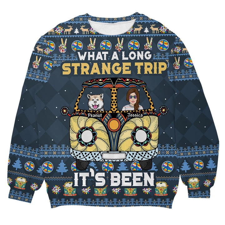 What A Long Strange Trip It's Been Hippie Camper Dog Personalizedwitch Christmas Sweater