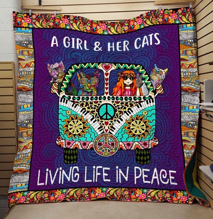 A Girl And Her Cats Living Life In Peace Hippie Quilt Blanket Great Customized Gifts For Birthday Christmas Thanksgiving Perfect Gifts For Cat Lover