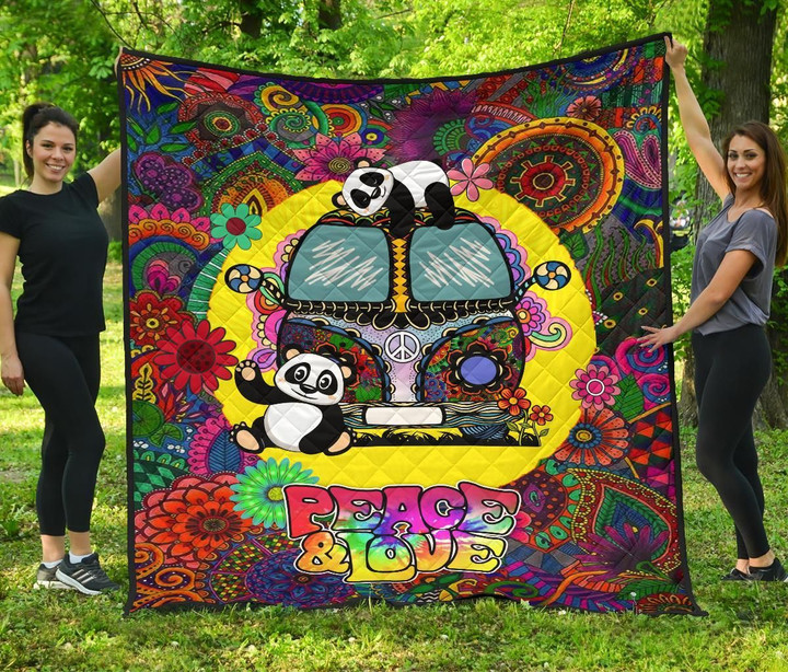Panda Peace And Love Premium Quilt Blanket