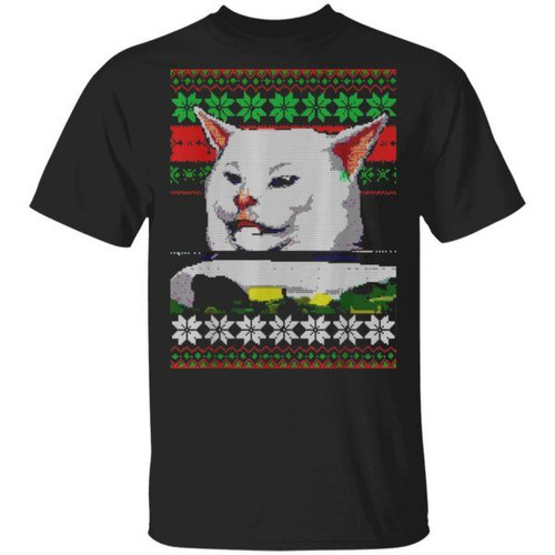 Cat Woman Yelling At Cat Christmas Funny T-Shirt Kitten Yelling Ugly Christmas Sweater Gift Shirts