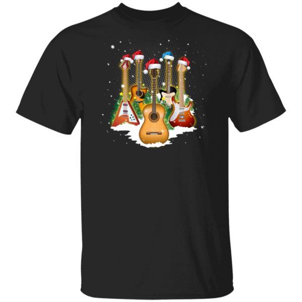 Guitar Wearing Santa Hat Christmas Funny T Shirt