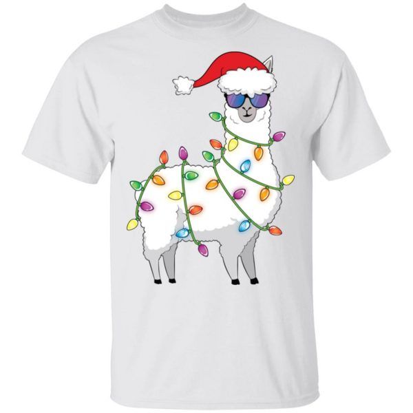 Funny Llama Christmas Lights Santa Hat Ugly Xmas Shirt