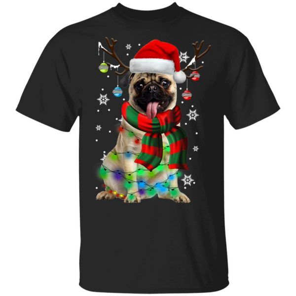 Funny Pug Dog Christmas Tee Reindeer Christmas Lights Pajama Shirt