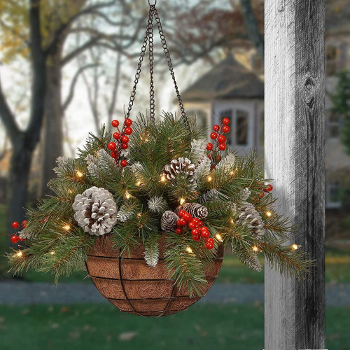🎄 Artificial Christmas Hanging Basket - Flocked with Mixed Decorations and White LED Lights - Frosted Berry