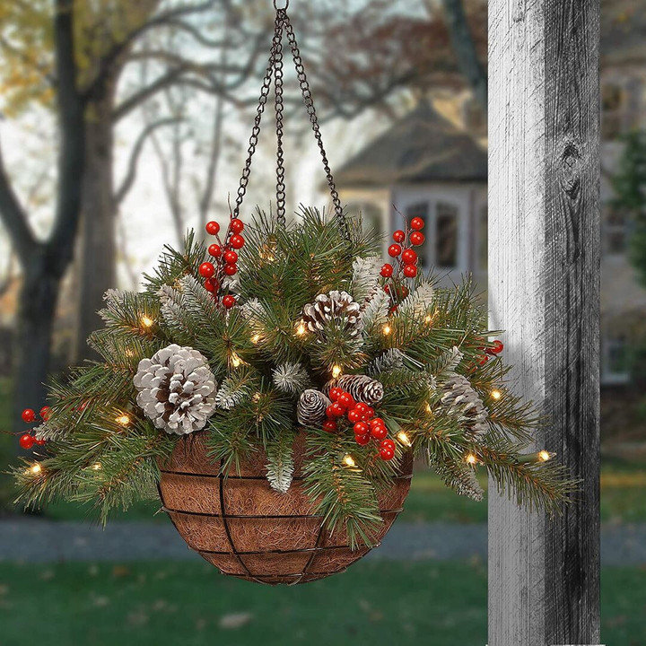 🎄 Artificial Christmas Hanging Basket - Flocked with Mixed Decorations and White LED Lights - Frosted Berry