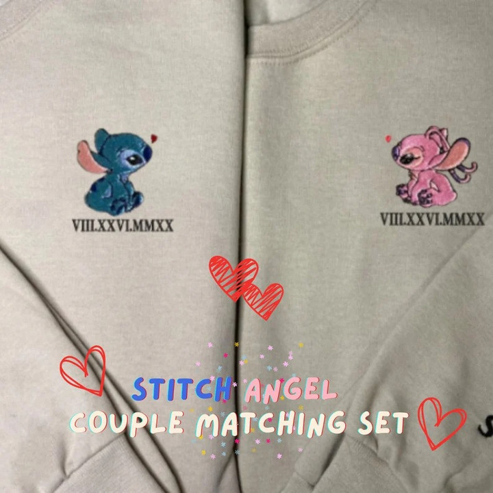 Stitch x Angel Couple Roman Numeral Embroidery Matching Set