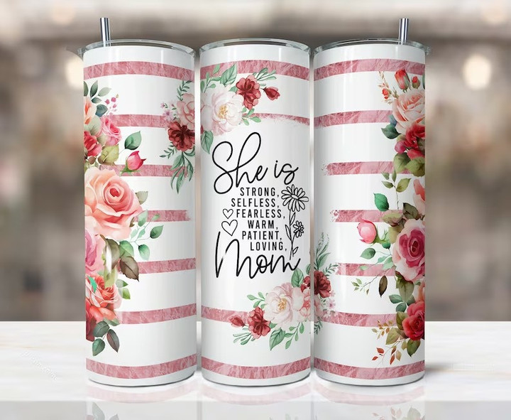 Mother's Day She is Strong Quote Red Rose Gold Floral Tumbler