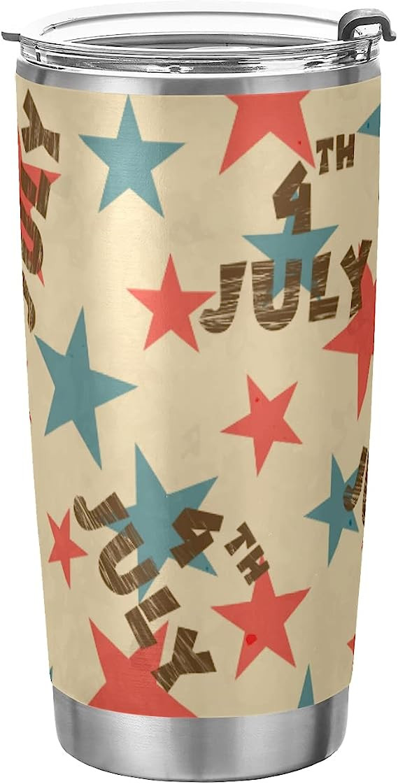 4th of July Tumbler Patriotic Retro Red Blue Star Insulated Coffee Cup Beverage Container Travel Mug