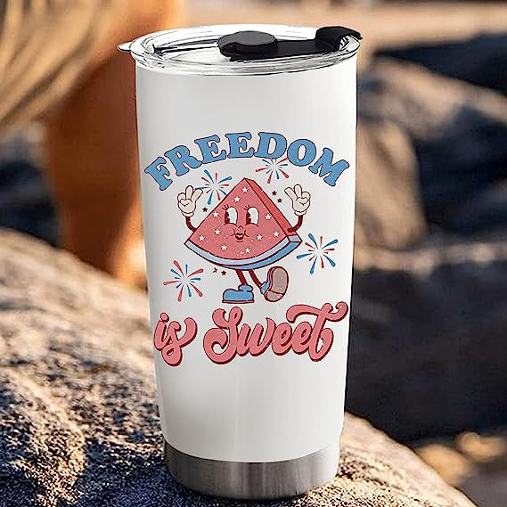 Freedom Is Sweet 4th of July Watermelon Tumbler, Retro Groovy Fourth of July Tumbler, Patriotic Characters Tumbler