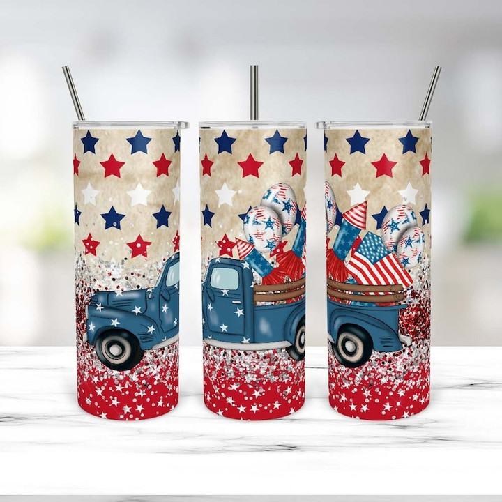 20 Oz Skinny Tumbler Fourth of July Independence Day Patriotic Fireworks Truck | Straight Side