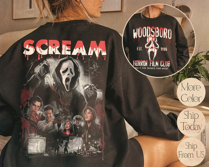 Woodsboro Horror Film Club 2 Sided Sweatshirt, Scary Halloween Hoodie, Horror Film Club Sweater, Woodsboro Scream, Scream Ghost Shirt