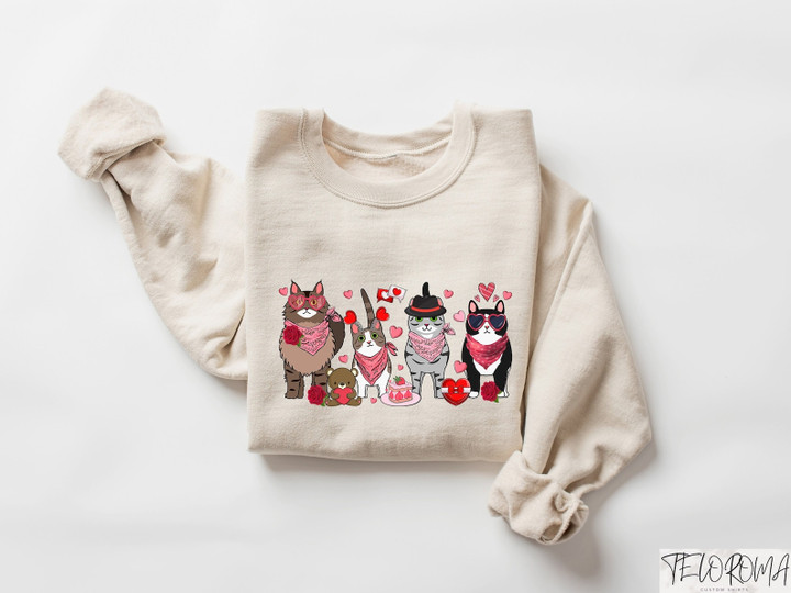 Cute Cats Valentines Day Sweatshirt, Cat Lover Valentine Gift