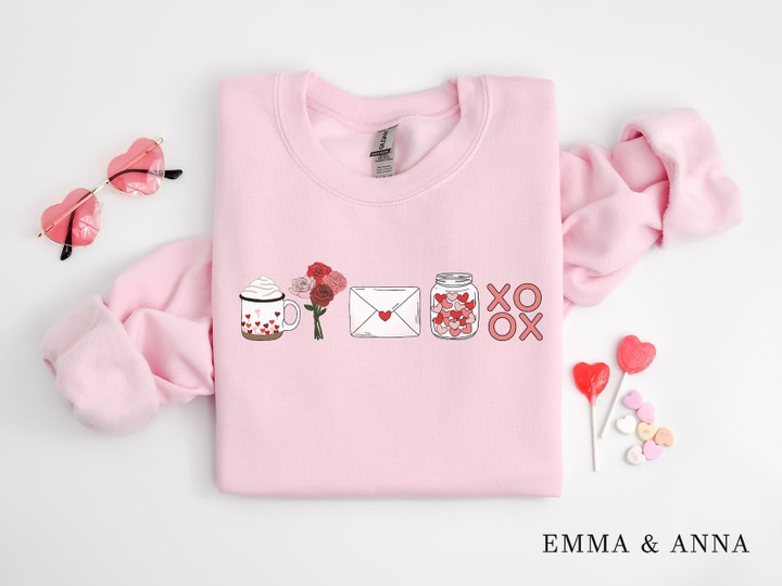 Valentines Day Sweatshirt, Heart Sweater, XOXO Sweatshirt, Roses, Valentines Coffee