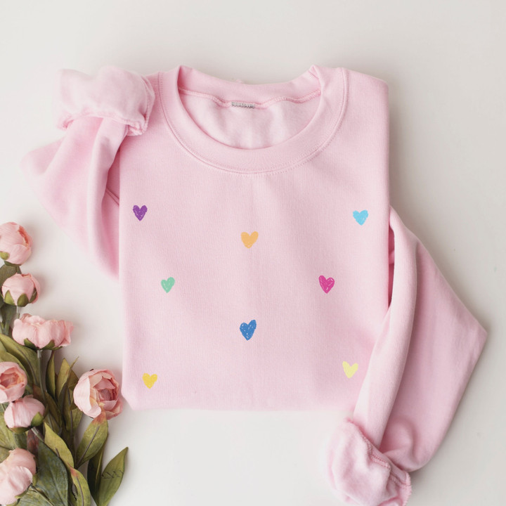 Colorful Hearts Sweatshirt Little Hearts Sweater Valentines Day Sweatshirt Cute Ladies Crewneck Valentines Day Gift Cozy Heart Sweatshirt