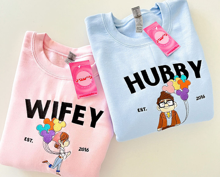Wifey & Hubby Embroidered Matching Set Sweatshirt, Hoodie