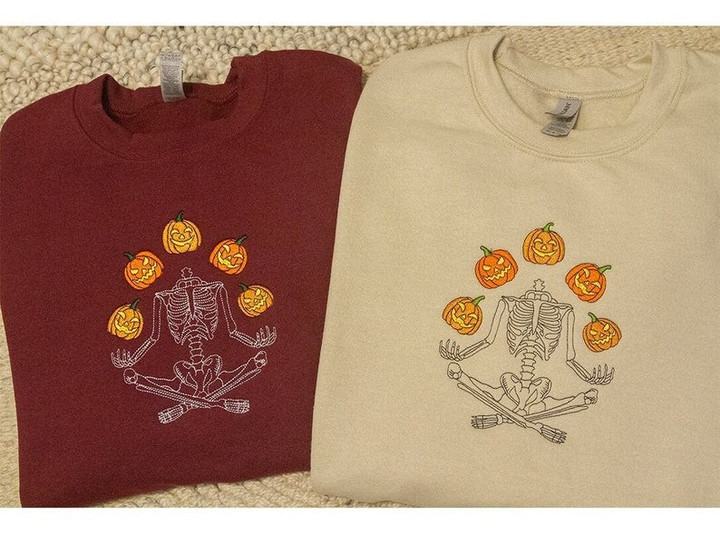 Skeleton Throwing Pumpkins Sweatshirt | Embroidered Skeleton Sweatshirt | Skeleton Juggling Pumpkins Sweatshirt | More Colors