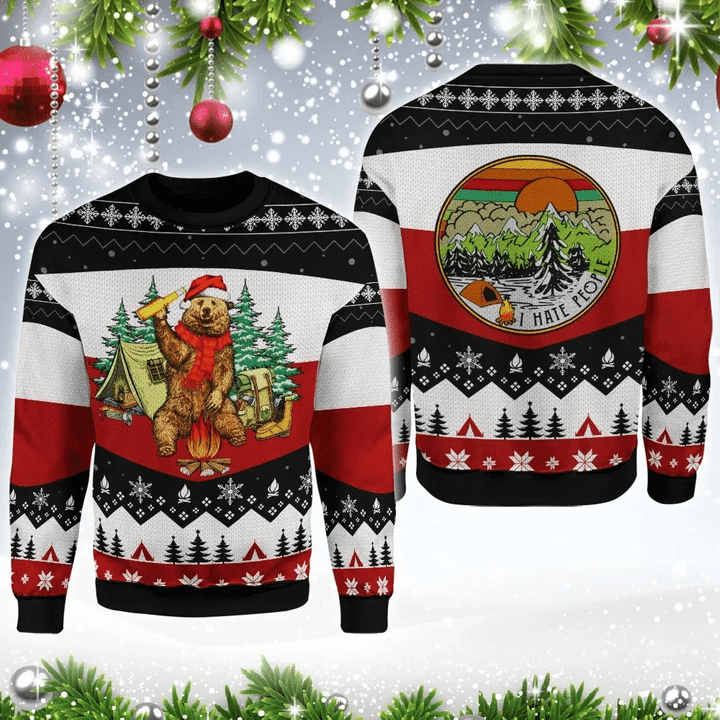 I Hate People Bear Beer Ugly Christmas Sweater | For Men &amp; Women | Adult | US3096