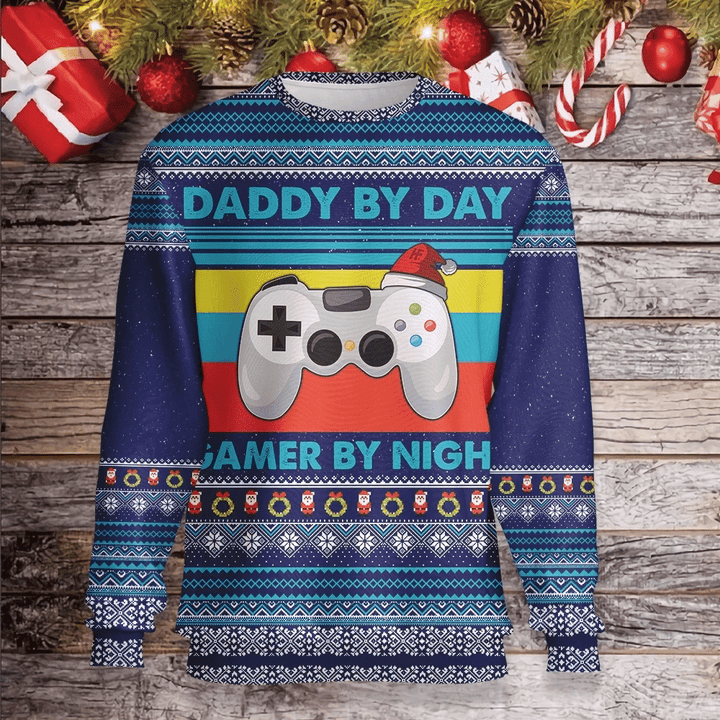 Daddy By Day Gamer By Night Ugly Christmas Sweater | For Men &amp; Women | Adult | US3140