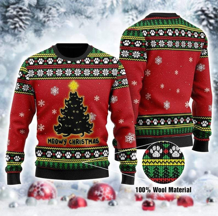 Black Cat Tree Meowy Ugly Christmas Sweater | For Men &amp; Women | Adult | US1735