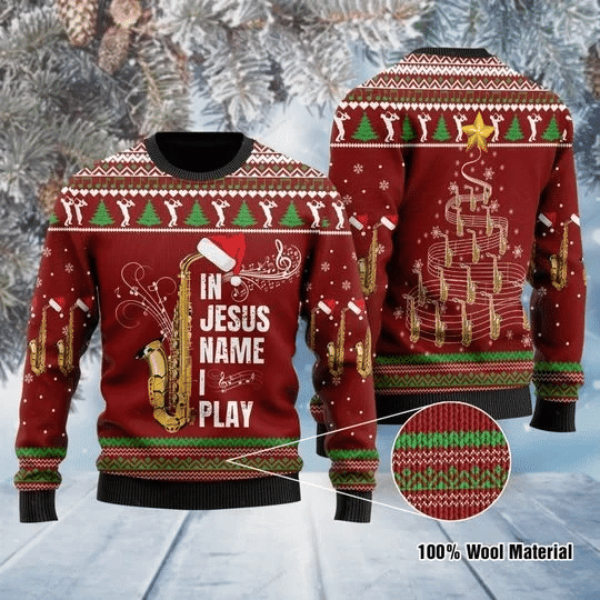 In Jesus Name I Play Ugly Sweater For Saxophone Lovers Ugly Christmas Sweater | For Men &amp; Women | Adult | US1002