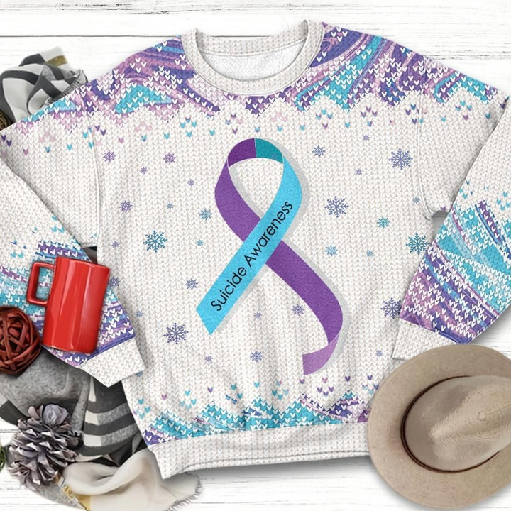 Teal And Purple Ribbon Suicide Prevention Awareness Ugly Christmas Sweater | For Men &amp; Women | Adult | US3204