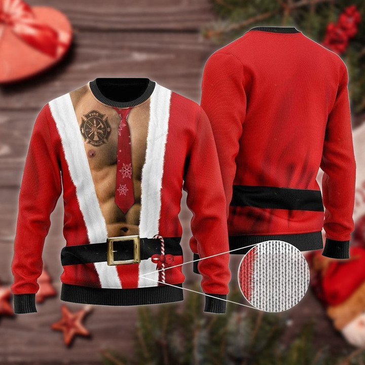 Santa Firefighter Tattoo Six Packs Body Ugly Sweater