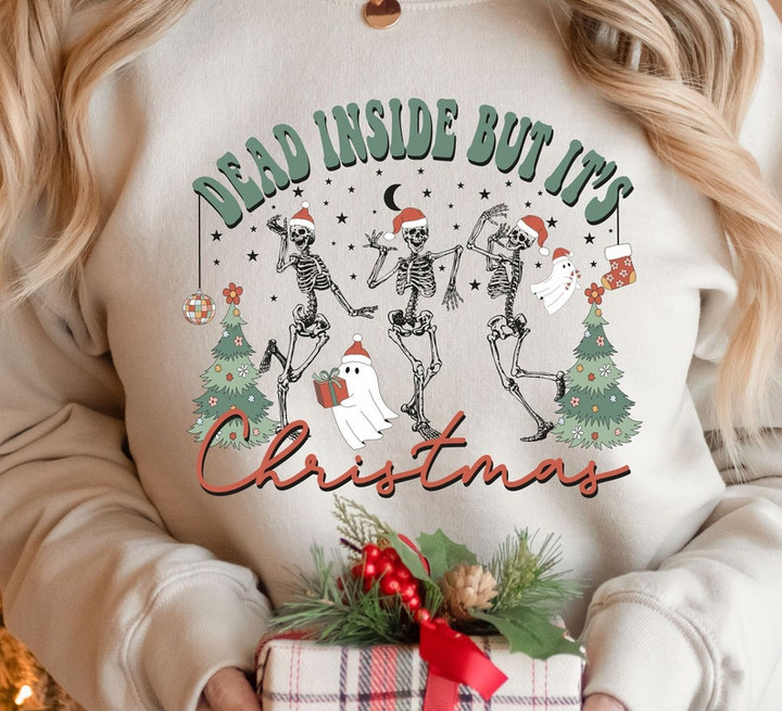 Dead Inside But It's Christmas Skeleton Dancing Funny Crewneck Sweatshirt, Christmas Sweater