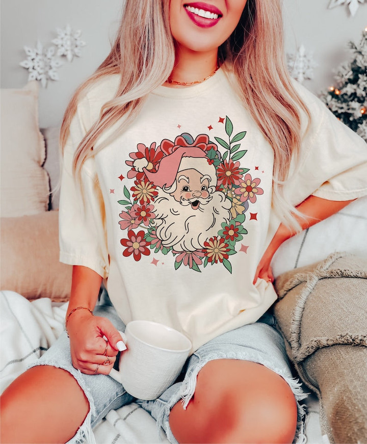 Retro Christmas Floral Santa Shirt, Flower Santa Sweater