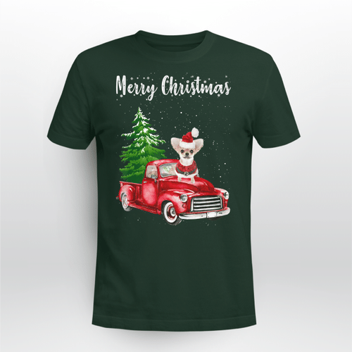 Chihuahua Riding Red Truck Merry Christmas Dog Lover Gifts T-Shirt