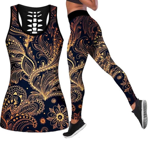 New Women's Fractal Mandala Printed Hollow Out Tank Tops Athletic Leggings Tracksuits Yoga Sport Suits
