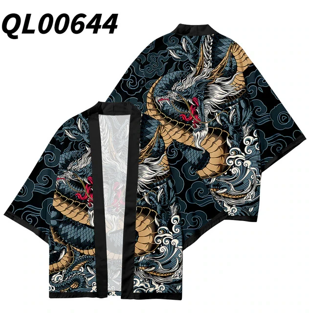 Japan Traditional - Japanese Samurai Anime Streetwear Cardigan Yukata Chinese Dragon Print Traditional Cosplay Kimono Clothing Men Haori