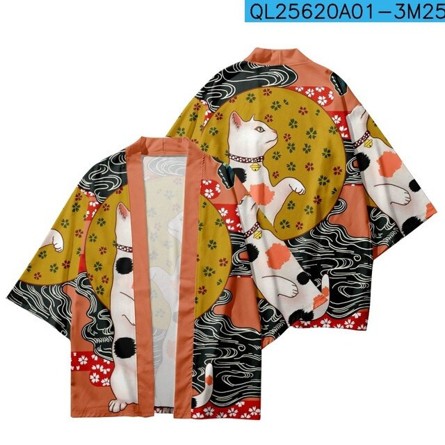 Japan Traditional - Streetwear Cardigan Demon Samurai Cat Print Shirt Clothing Traditional Haori Kimono Women Men Harajuku Japanese Beach Yukata Top