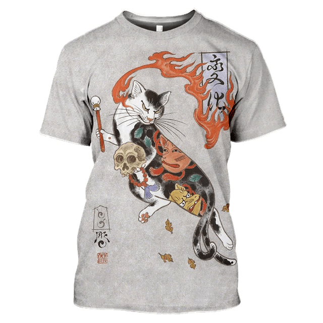 2023 Vintage Retro T-shirt Men Women Samurai Cat Tattoo Shirt For Men 3d Print Cool Classic Art Shirt For Summer Round Collar Tops Tees