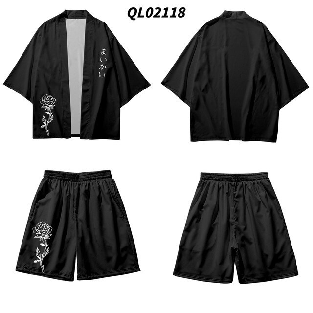 Traditional Rose Print Two-piece Suit Yukata Women Kimono Shorts Harajuku Japanese Cardigan Men Cosplay Samurai Haori Clothing