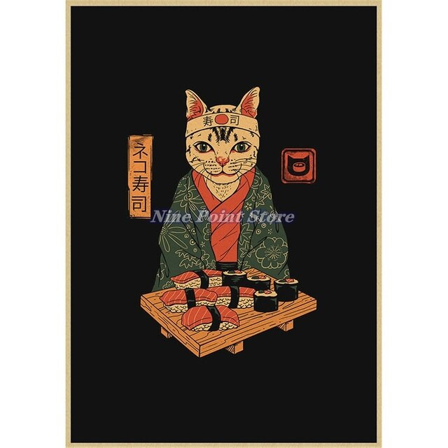 Poster - Japanese Samurai Cat Ramen Kraft Paper painting posters Home Decor Art Decor HD quality Cartoon Painting animal