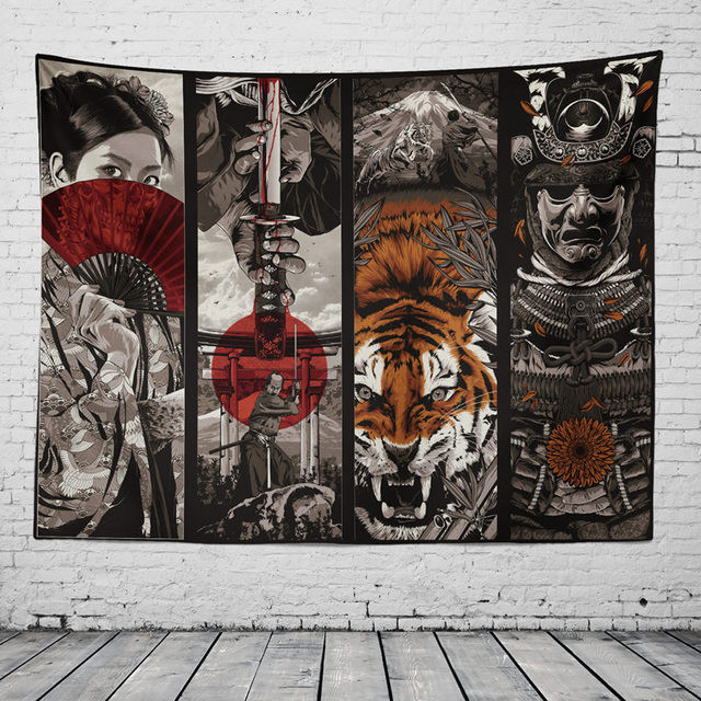 Japanese Style Samurai Sword Japanese Geisha Tiger Tapestry Wall Hanging Dorm Decor Large Wall Tapestry Picnic Beach Blanket Mat