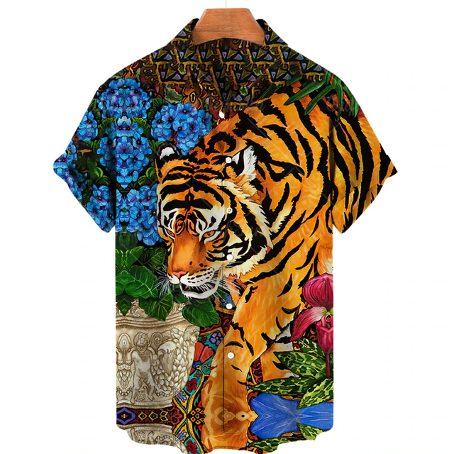 2023 Short Sleeve Hawaiian Shirt Men Color Tiger Print Chinese Cardigan Plus Size Summer Clothing