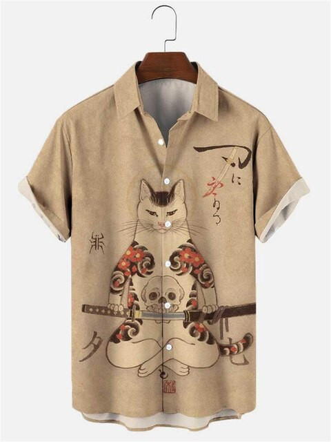 Japanese Samurai Cat Summer Shirts 3d Print Men's Hawaiian Shirt Funny Animal Men's Shirts Short Sleeve Loose Top Shirt For Men