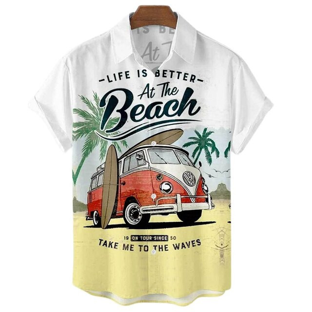 Summer Men's Hawaiian Shirts Vintage Top 3d Car Print Loose Casual Shirts Men Beach Aloha Shirt Fashion Clothing Ropa Hombre 5XL