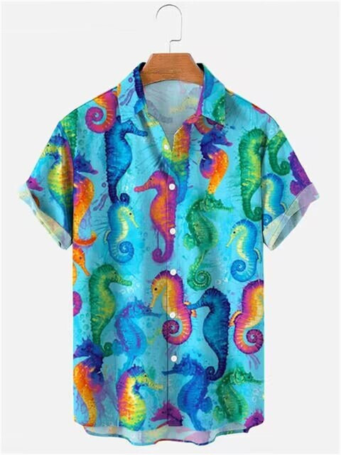 2023 Summer Men Clothes Street Retro Hawaiian Shirt Man Casual Short Sleeve Top Sea Animal Fish 3d Hd Digital Lapel Men's Shirt