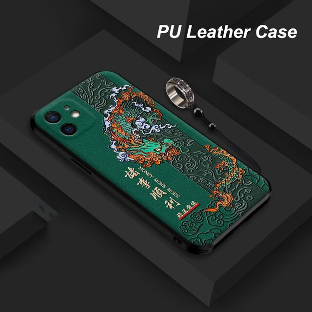 for iPhone 14 13 12 Pro Max Mini 11 XS XR 7 8 Plus SE Case 3D Emboss PU Leather Dragon Phoenix Anti-knock Cover with Metal Ring