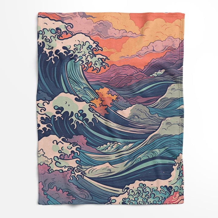 Fleece/Sherpa Blanket - Japanese Ink Drawing Artwork "The Greatest Wave and Sun" 37 - Art Fleece/Sherpa Blanket