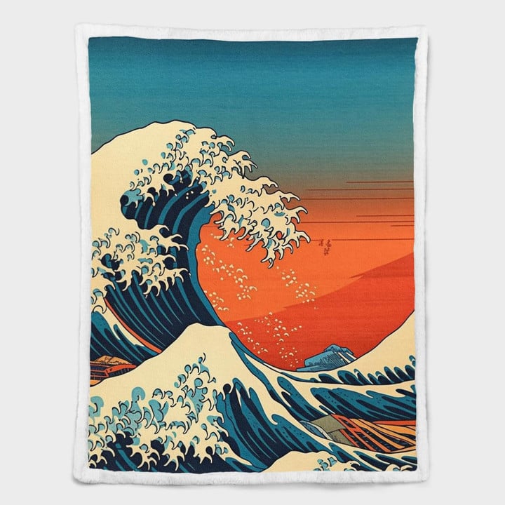 Fleece/Sherpa Blanket - Japanese Ink Drawing Artwork "The Greatest Wave and Sun" 38 - Art Fleece/Sherpa Blanket