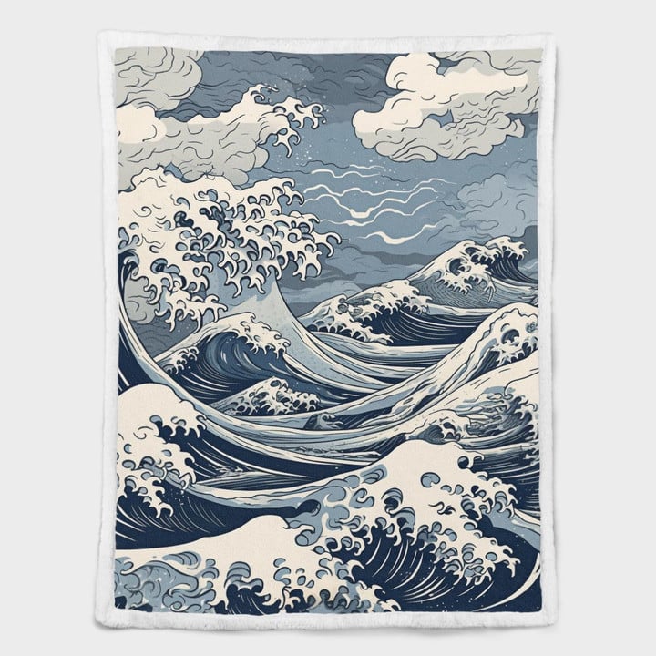 Fleece/Sherpa Blanket - Japanese Ink Drawing Artwork "The Greatest Wave and Sun" 35 - Art Fleece/Sherpa Blanket