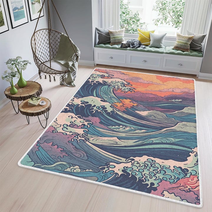 Premium Area Rug | Ancient Japanese Painting "The Greatest Wave and Sun" Rug in the style of Japanese Art 37 | Samurai Art | Limited edition