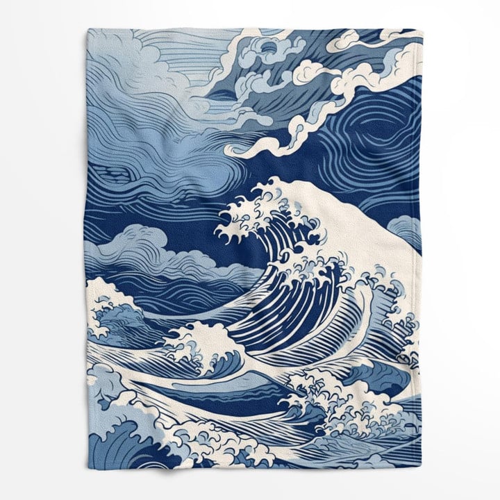 Fleece/Sherpa Blanket - Japanese Ink Drawing Artwork "The Greatest Wave and Sun" 36 - Art Fleece/Sherpa Blanket