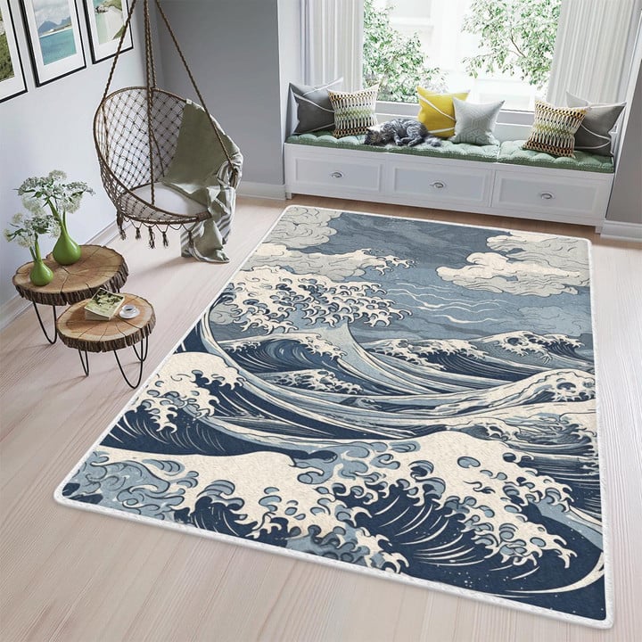 Premium Area Rug | Ancient Japanese Painting "The Greatest Wave and Sun" Rug in the style of Japanese Art 35 | Samurai Art | Limited edition