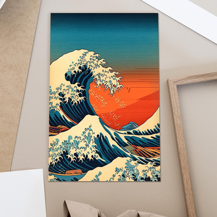 Portrait Poster - Landscape The great wave and Sun Ink Hand Drawing Japanese Style 04 - Home & Living Decoration Accessories